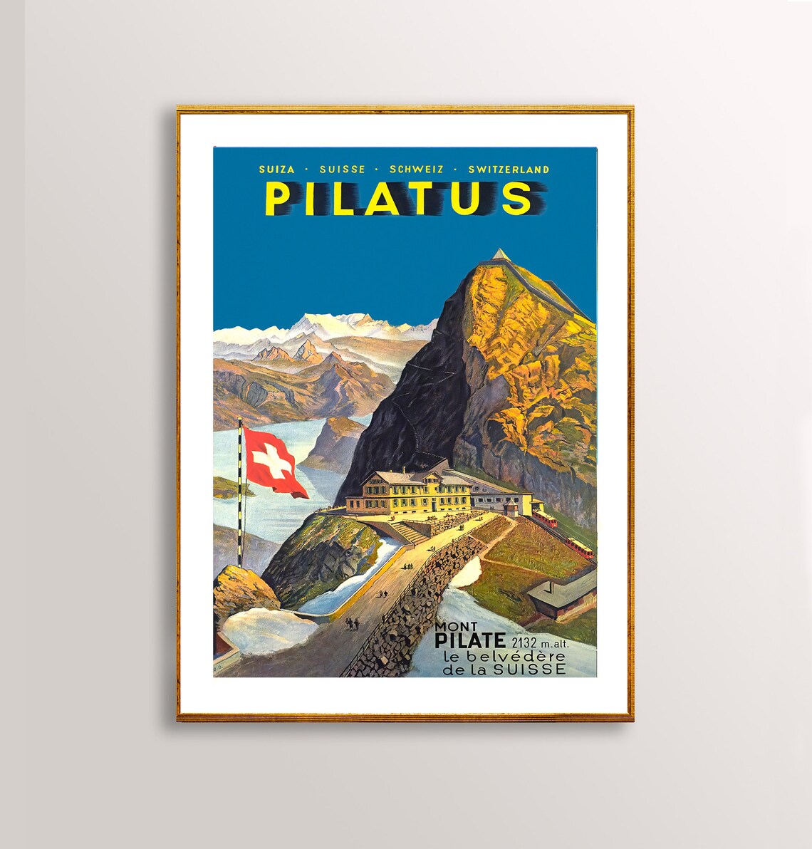 Pilatus Mont Pilate Swiss Alpine Belvedere Vintage Travel Poster