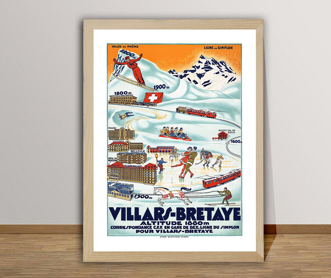 Villars Bretaye Suisse Vintage Ski Travel Poster
