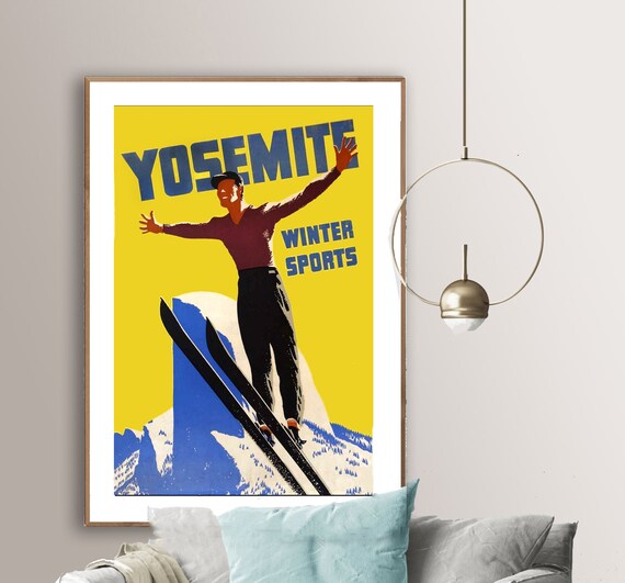 Yosemite Winter Sports Ski Jumper Vintage California Travel Poster