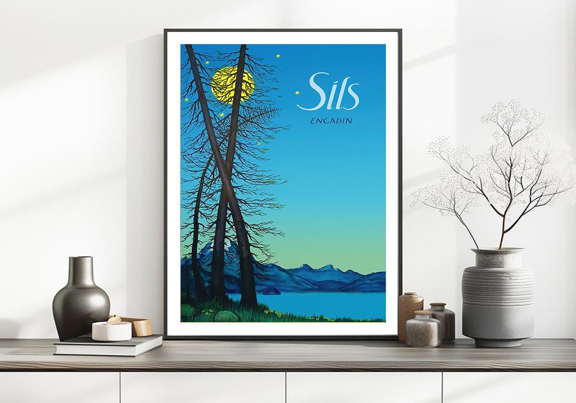 Sils Engadin Switzerland Moonlit Alpine Lake Vintage Travel Poster - Image 2