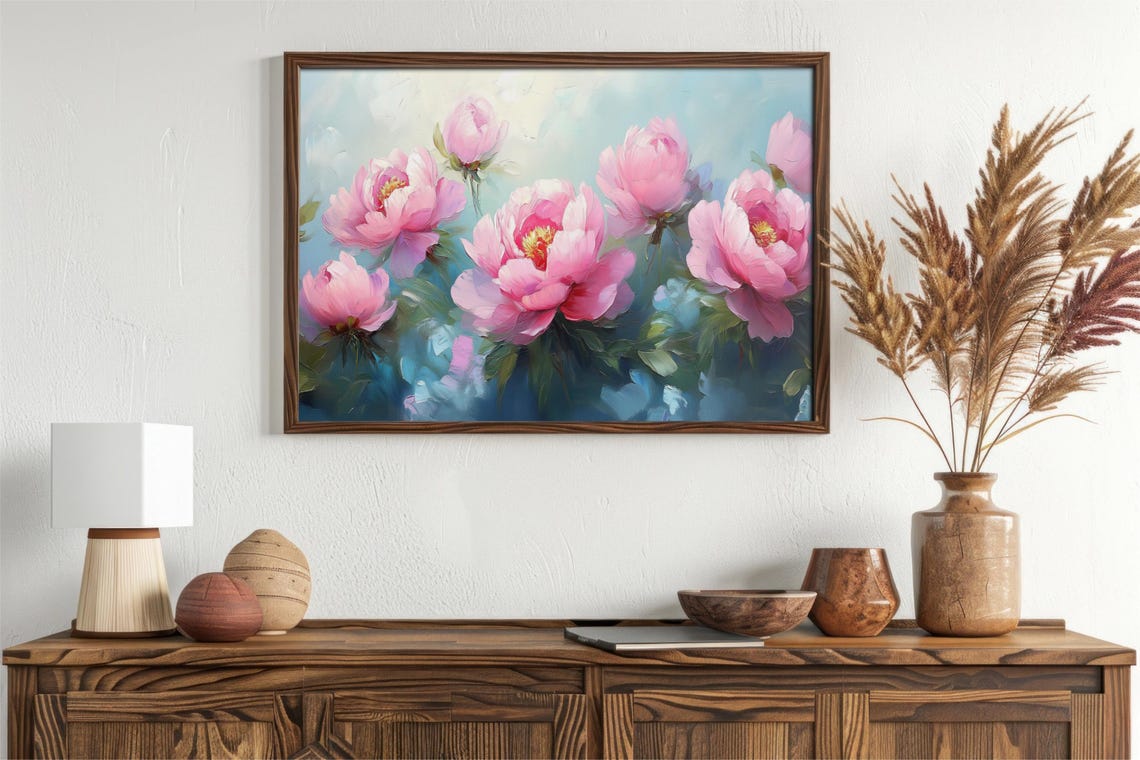 Pink Peonies Summer Field Impressionist Oil Painting Floral Art Poster