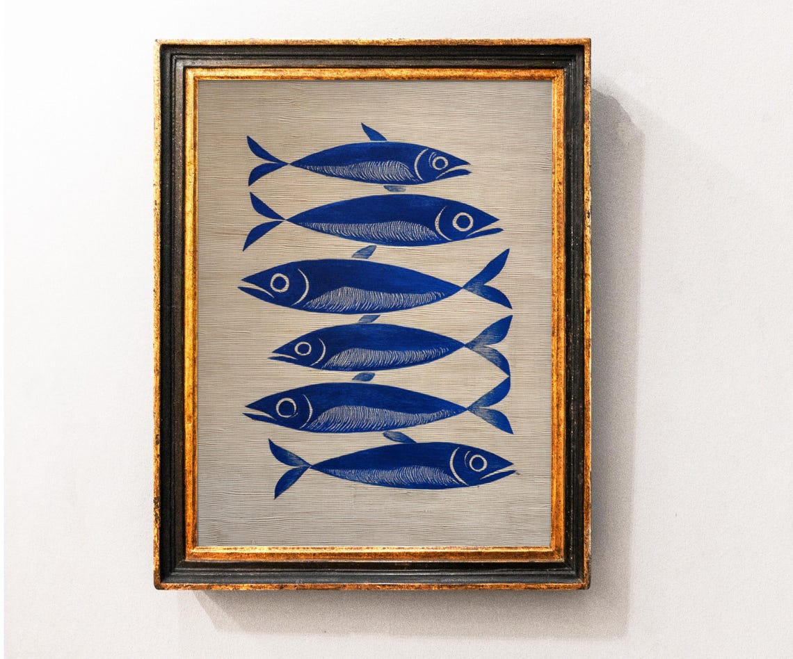 Blue Ink Sardines Six Fish in Striped Folk Art Kitchen Poster