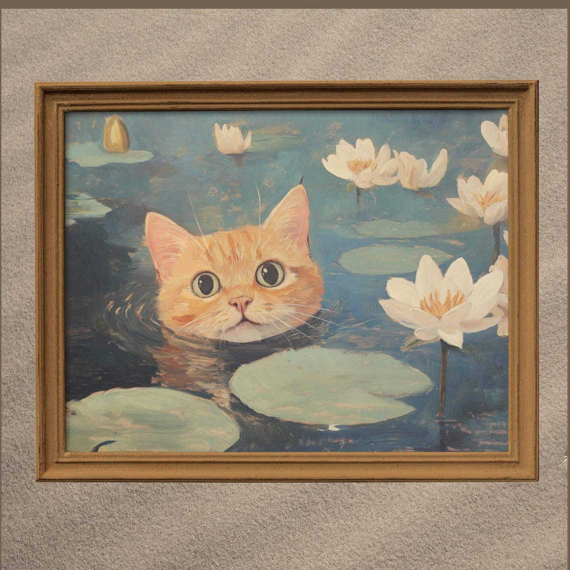 Ginger Cat Head Among Water Lilies Monet Style Funny Bathroom Poster