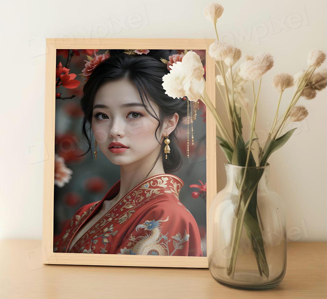 Elegant Woman in a Red Embroidered Robe in a Blooming Garden Poster - Image 5