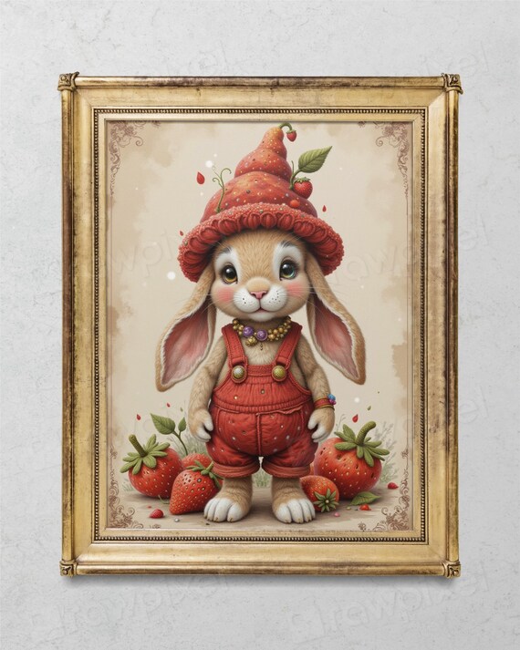 Adorable Lop-Eared Bunny in Strawberry Hat and Red Overalls Poster