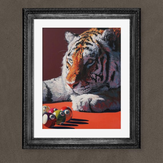 Tiger Lounging Beside Billiard Balls Fun Wildlife Game Room Poster