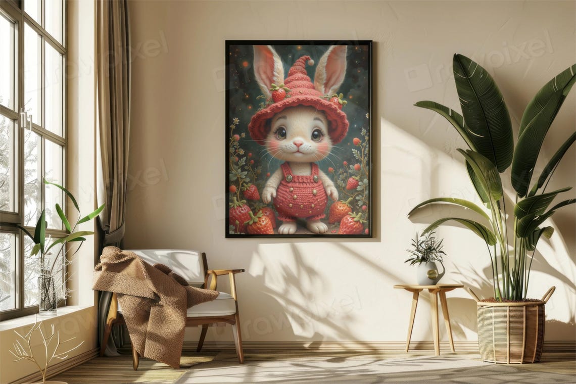 Sweet Wide-Eyed Bunny in Strawberry Outfit Under Starry Night Poster - Image 7