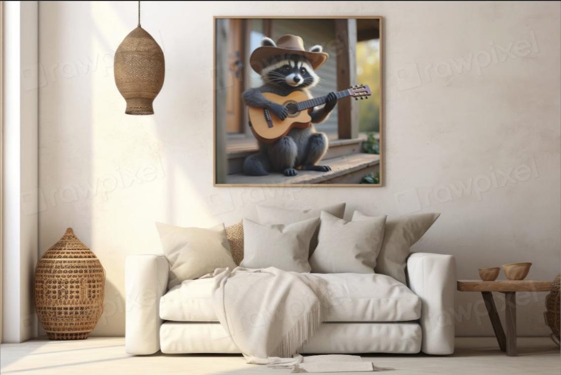 Cheerful Cowboy Raccoon Playing Guitar on a Sunny Porch Poster - Image 5