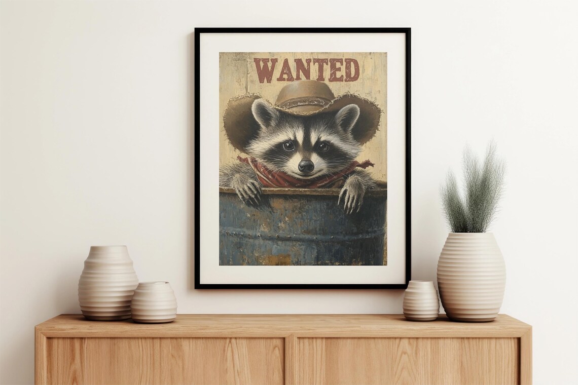 Cowboy Raccoon In Trashcan, Vintage Funny Poster