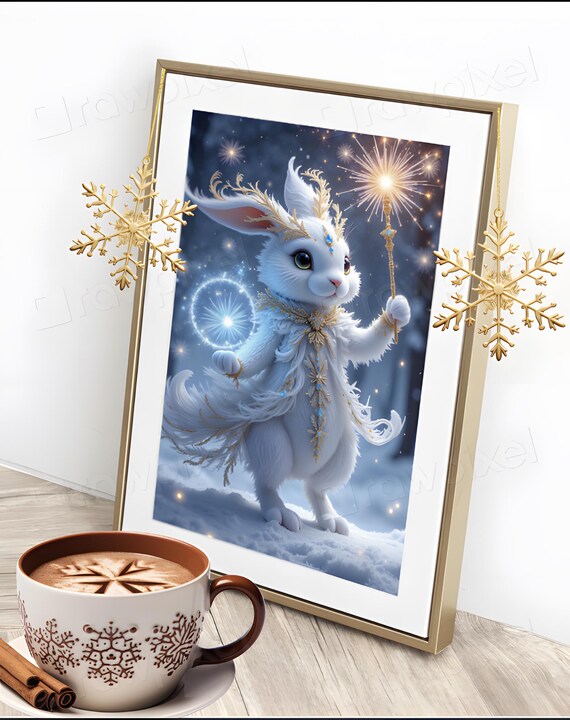 Magical White Rabbit with Sparkler in Starry Snow Night Poster