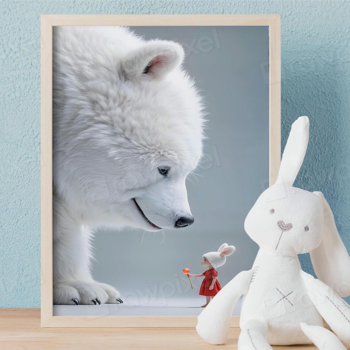 Giant Fluffy White Bear Nose to Nose with a Little Girl Poster