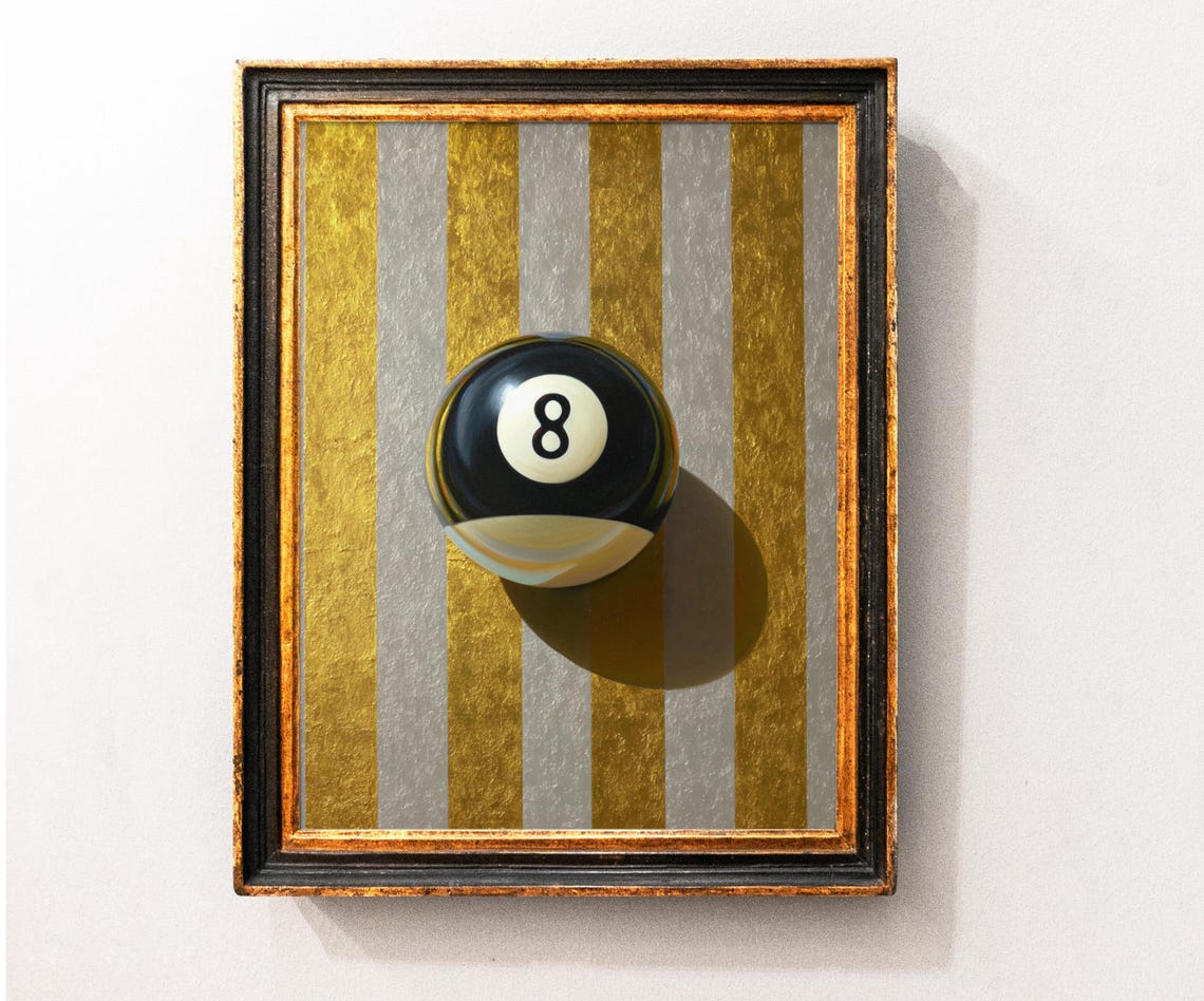 Eight Ball On Gold Striped Background Modern Decor Game Poster