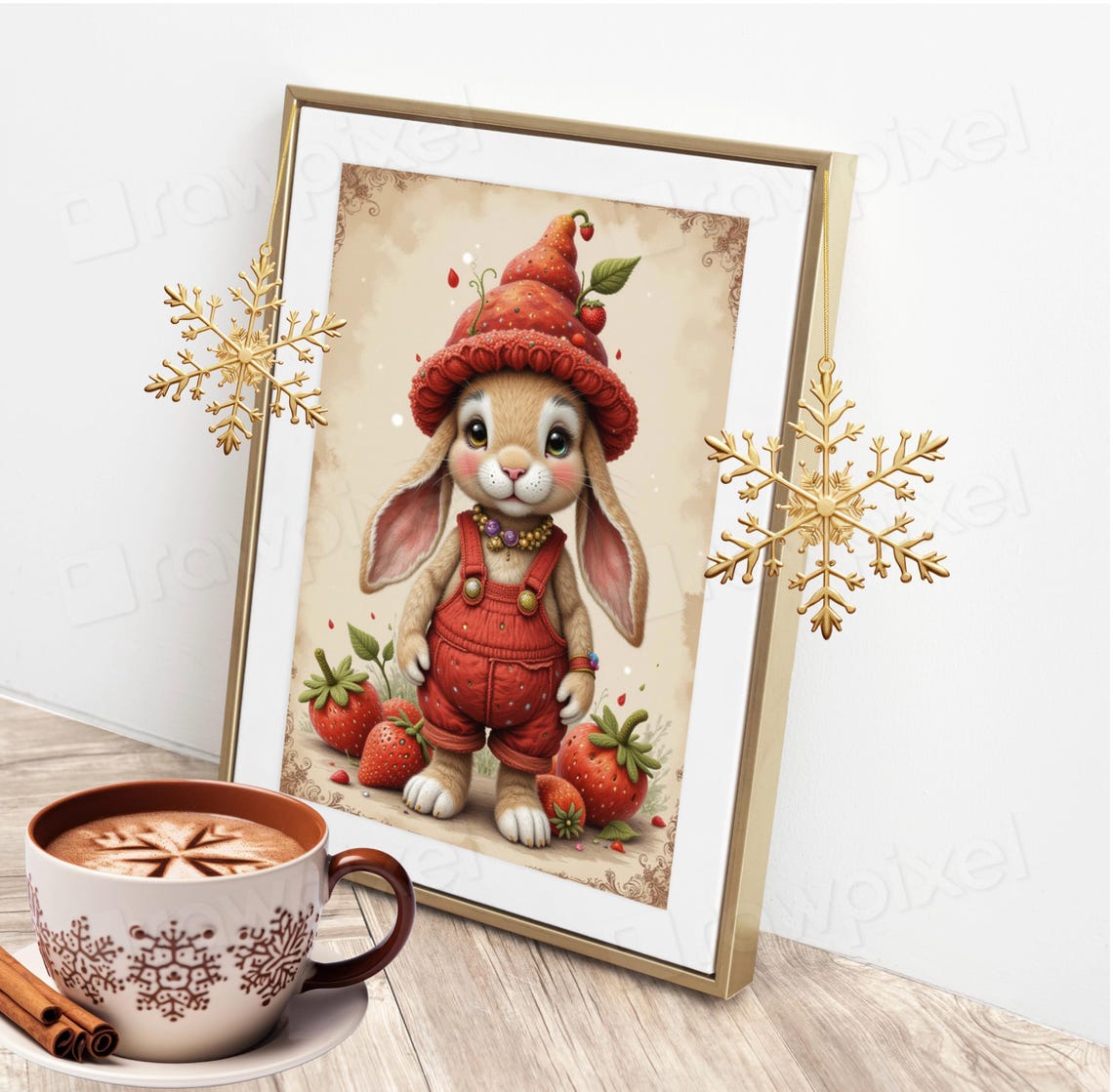 Adorable Lop-Eared Bunny in Strawberry Hat and Red Overalls Poster - Image 5