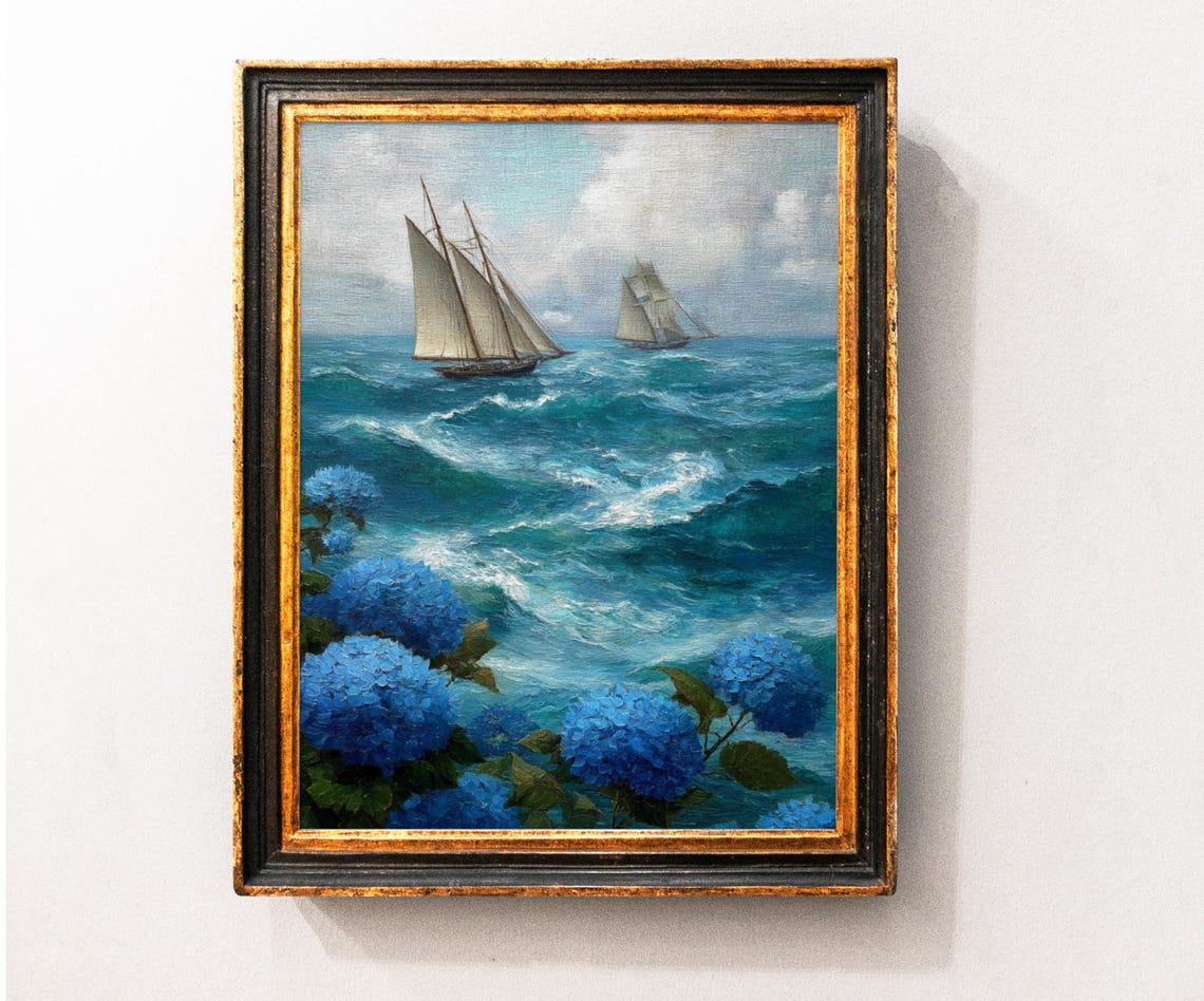 Blue Hydrangea Blooms With Sailboats on a Turquoise Sea Poster