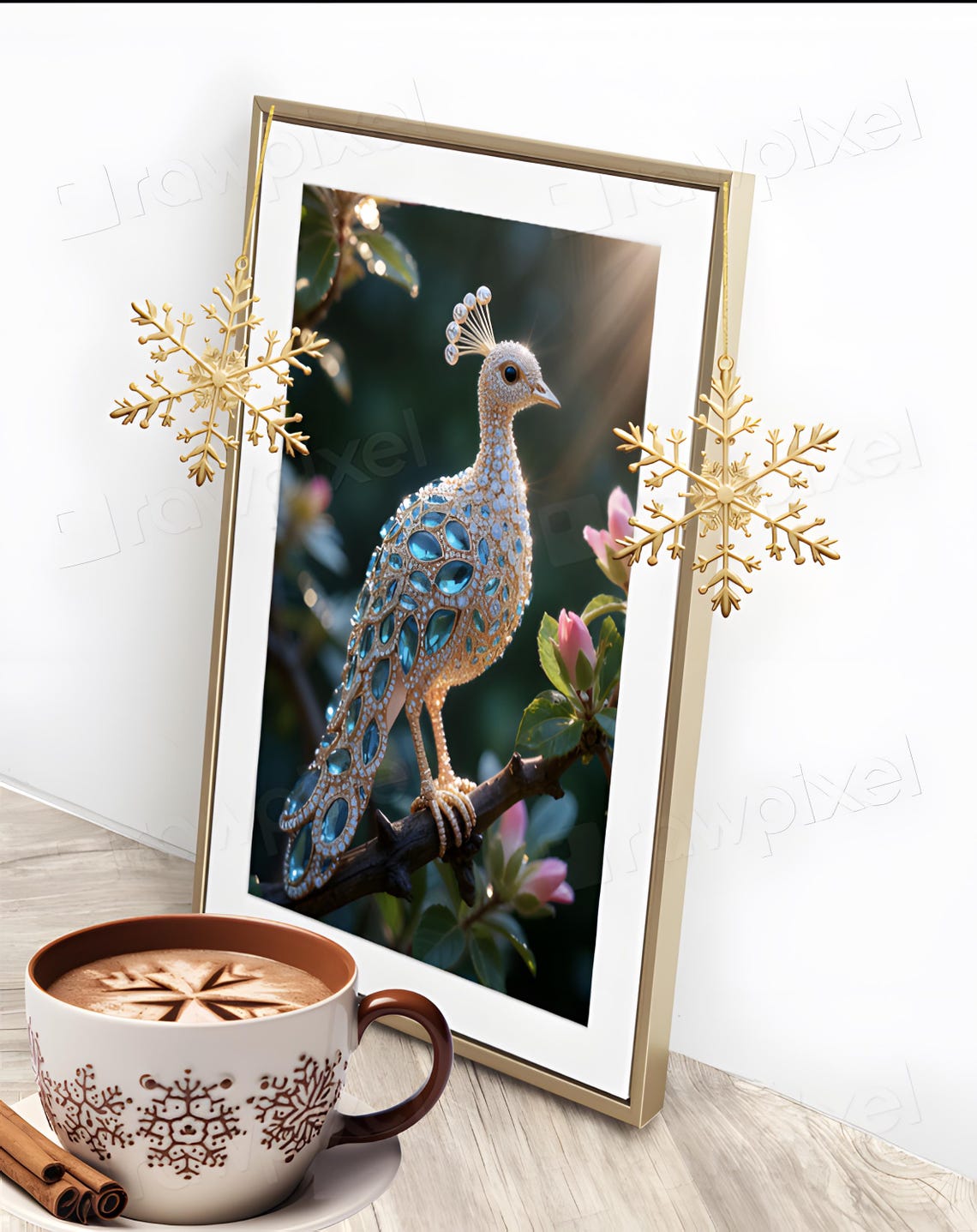 Jeweled Peacock Made of Blue Gemstones Perched on Branch Poster - Image 5