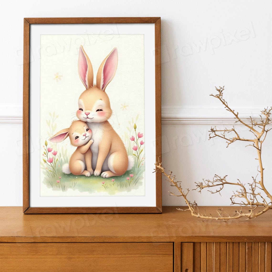 Sweet Mother and Baby Bunny Hugging in a Spring Meadow Poster - Image 4