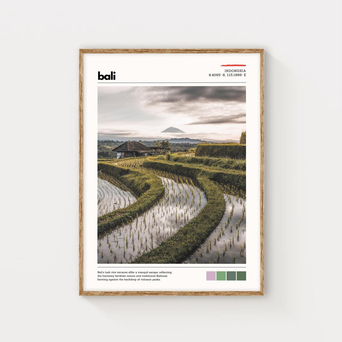 Bali Rice Terraces With Volcanic Peak Lush Indonesia Travel Poster