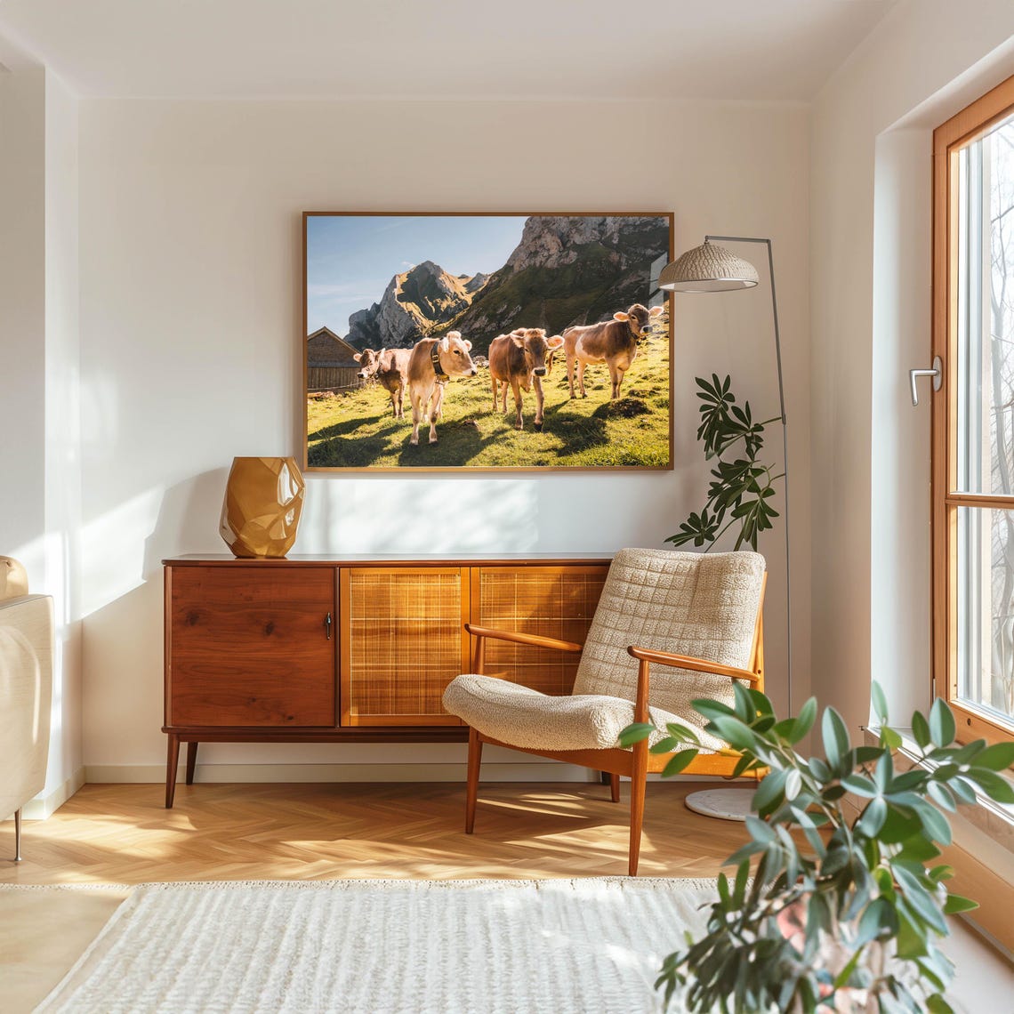 Brown Cows in a Sunny Alpine Meadow with Mountain Views Poster - Image 5