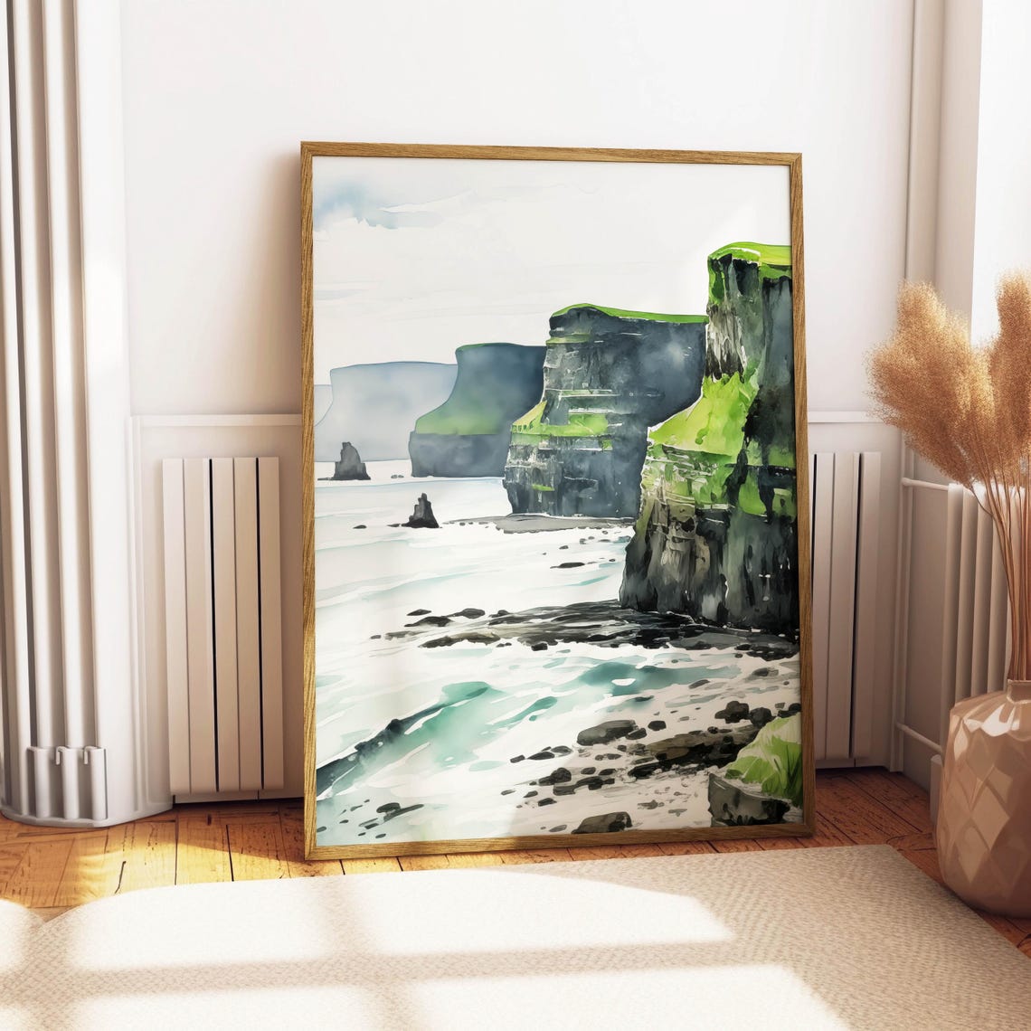 Green Sea Cliffs Watercolor Coastal Waves Landscape Art Poster - Image 4