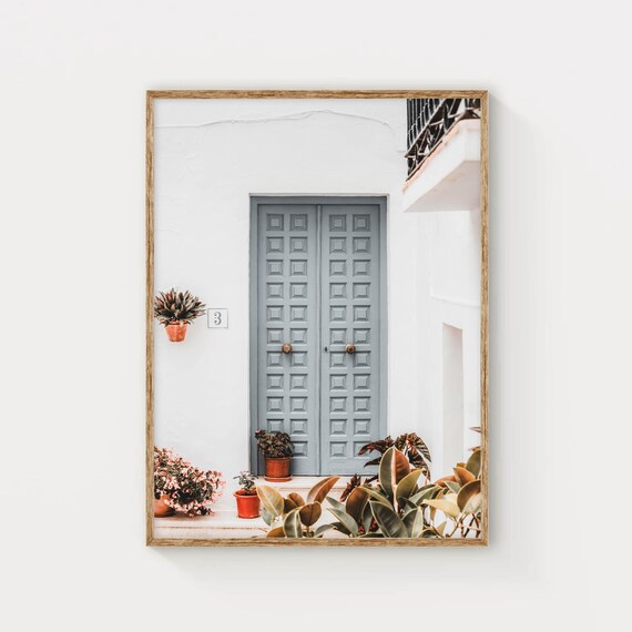 Blue Wooden Door White Wall Potted Plants Mediterranean Street Poster