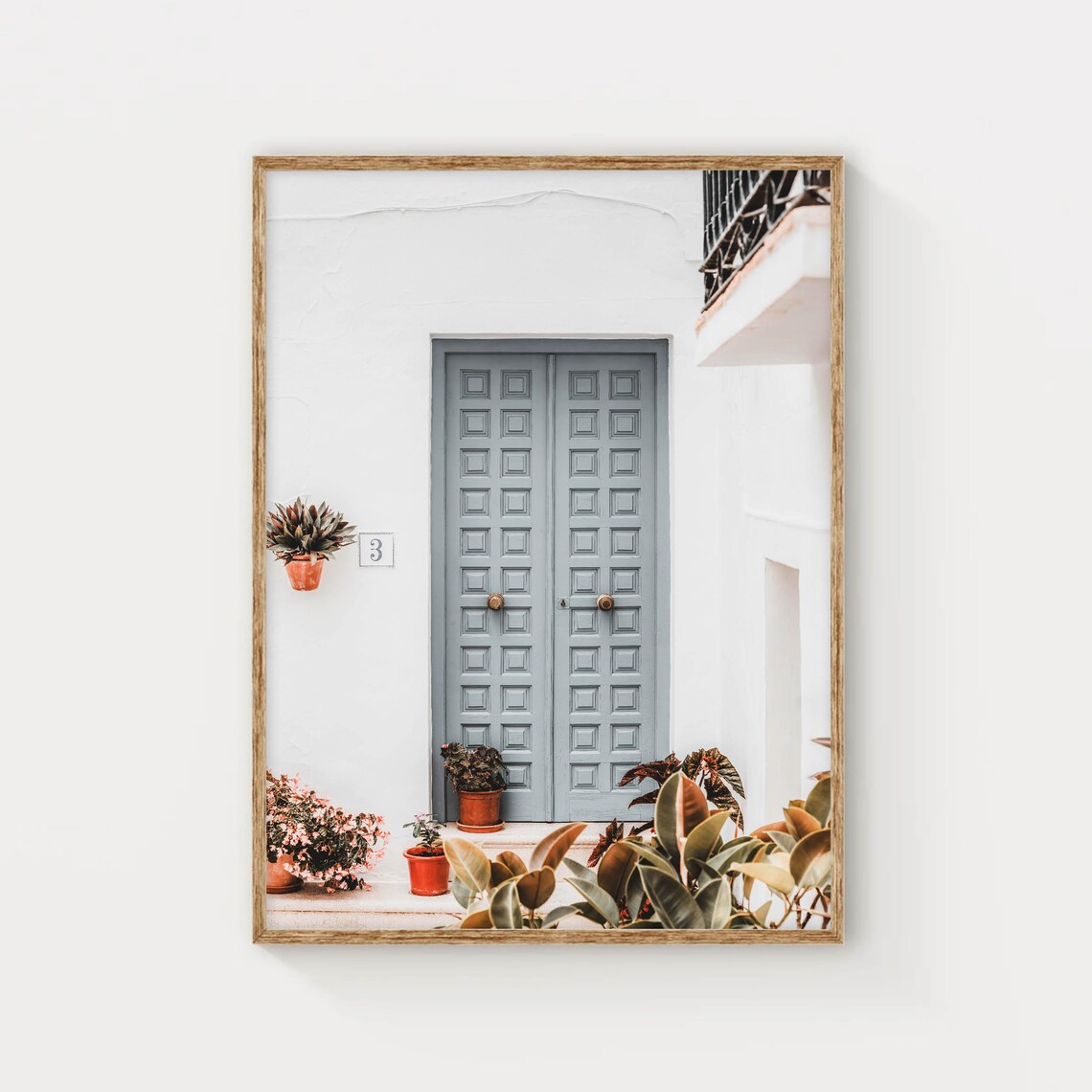 Blue Wooden Door White Wall Potted Plants Mediterranean Street Poster