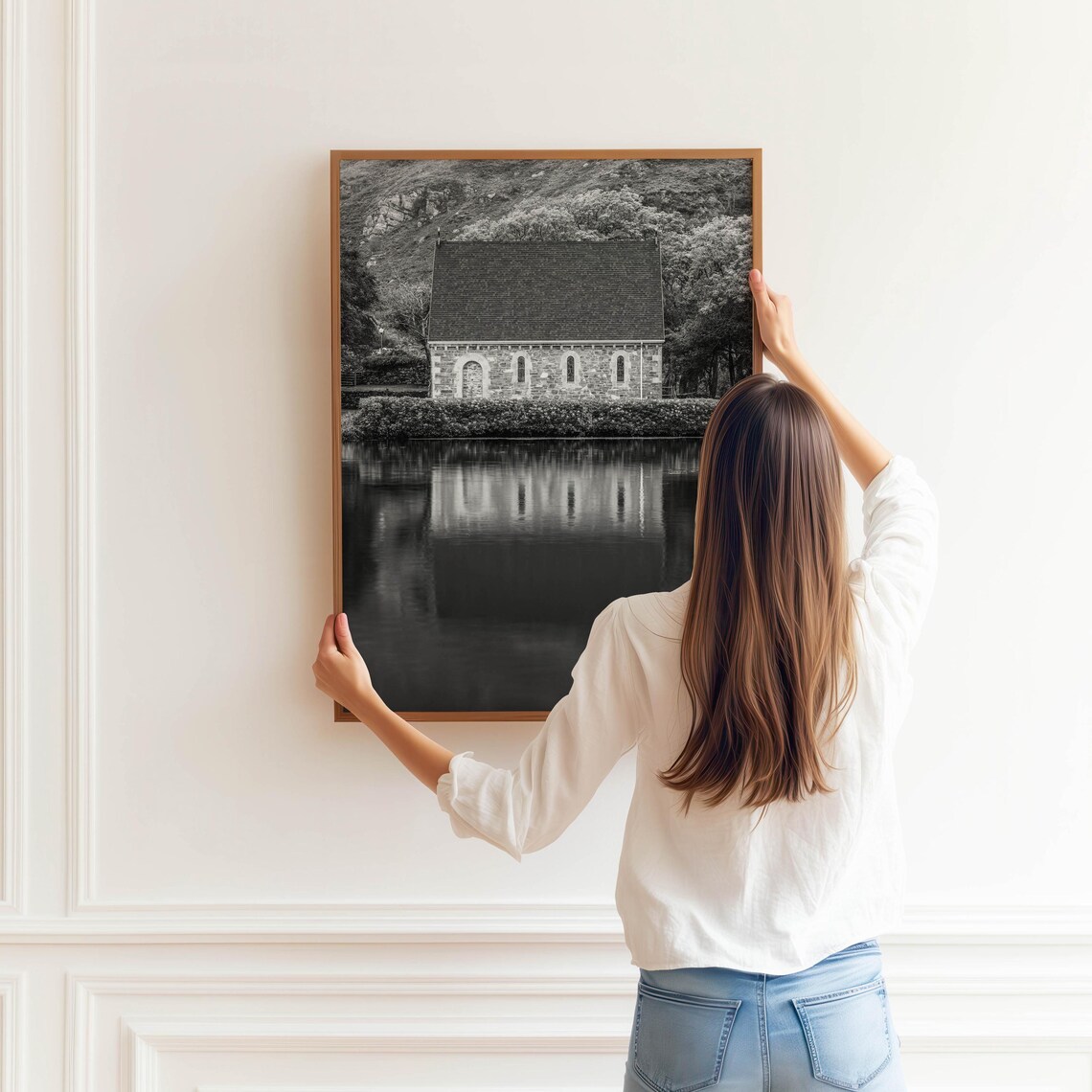 Old Stone Church Reflected in Still Lake Black White Photo Poster - Image 3