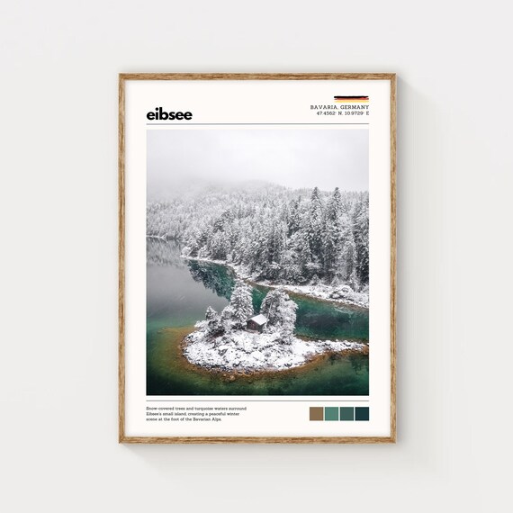 Eibsee Bavaria Germany Snowy Island Turquoise Lake Winter Poster