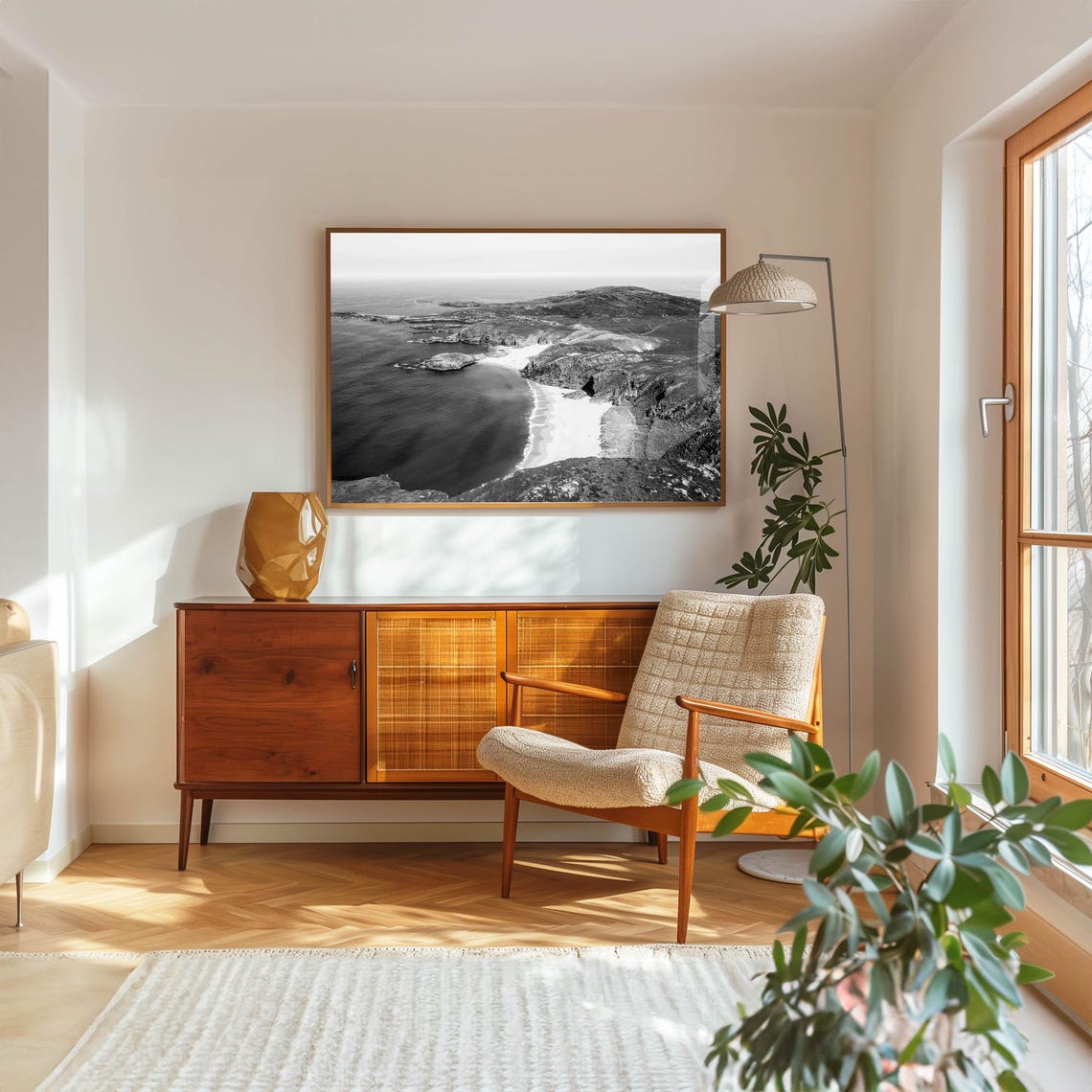 Aerial Black and White Coastal Bay with White Sand Beach Poster - Image 5