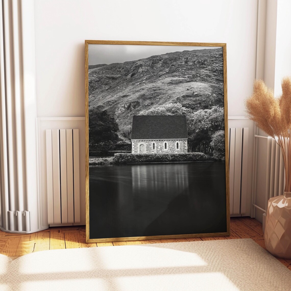 Black and White Stone Church by a Still Lake Photo Art Poster - Image 4