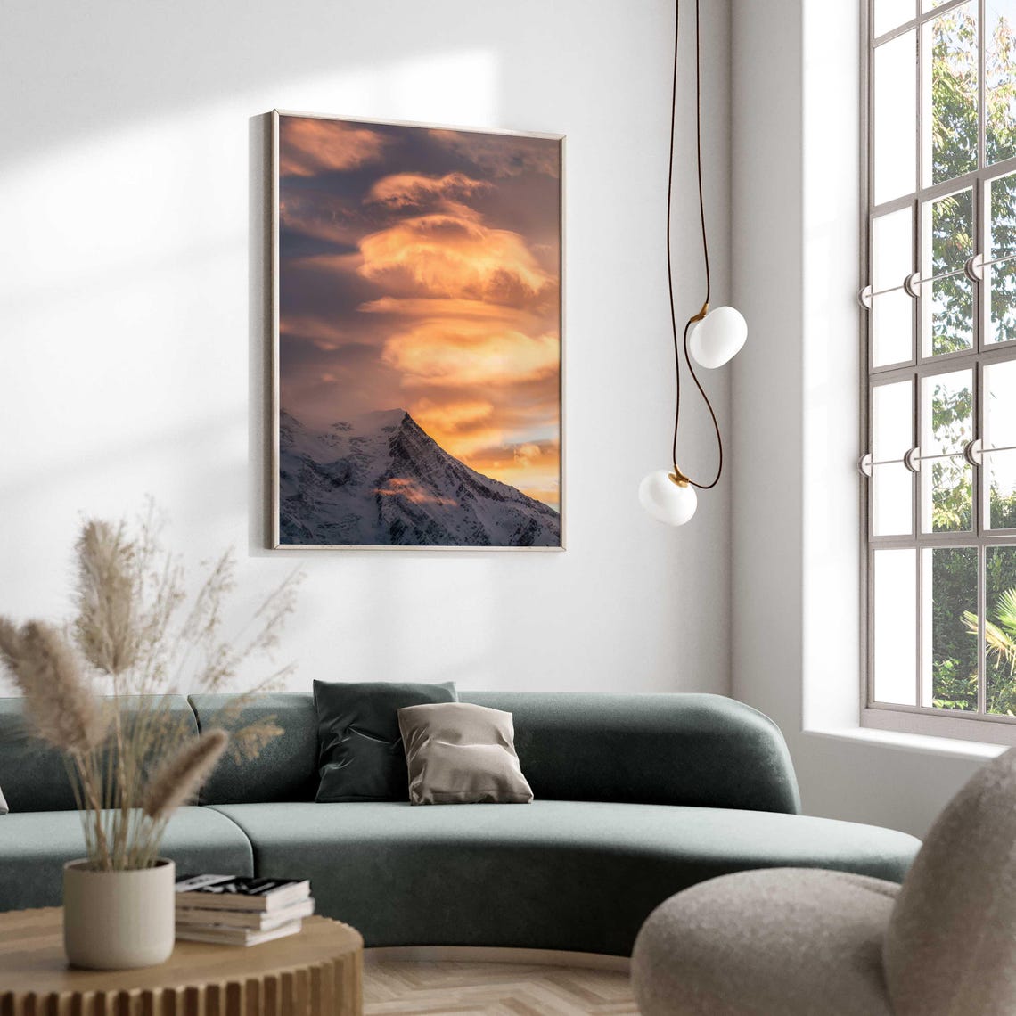 Lenticular Clouds Over a Snowy Peak at Golden Sunset Sky Poster - Image 2