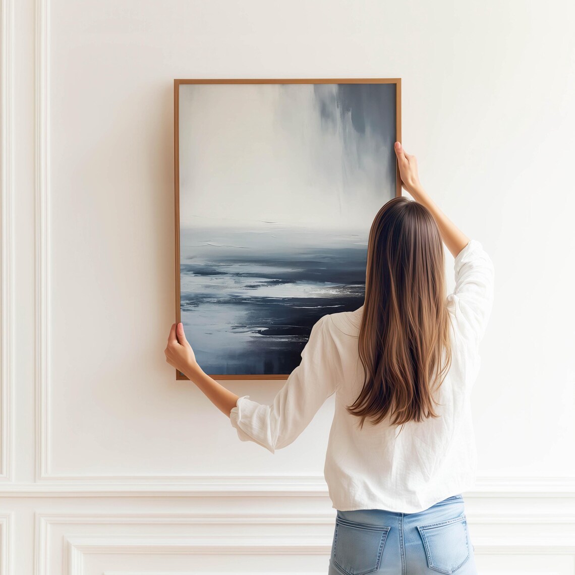 Moody Blue Gray Ocean Horizon Soft Abstract Sea Painting Poster - Image 3