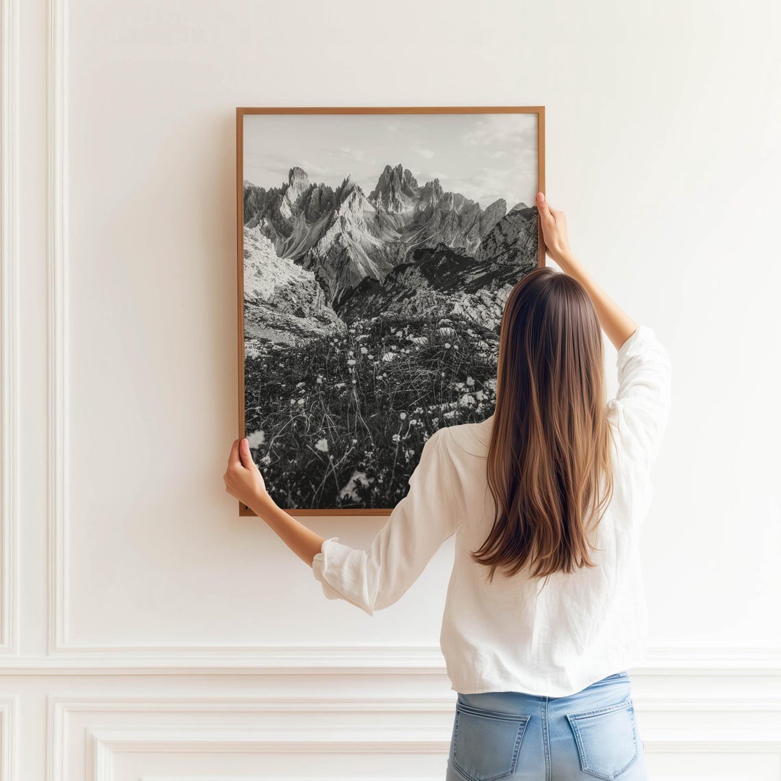 Black and White Jagged Mountain Peaks Meadow Wildflowers Poster - Image 3