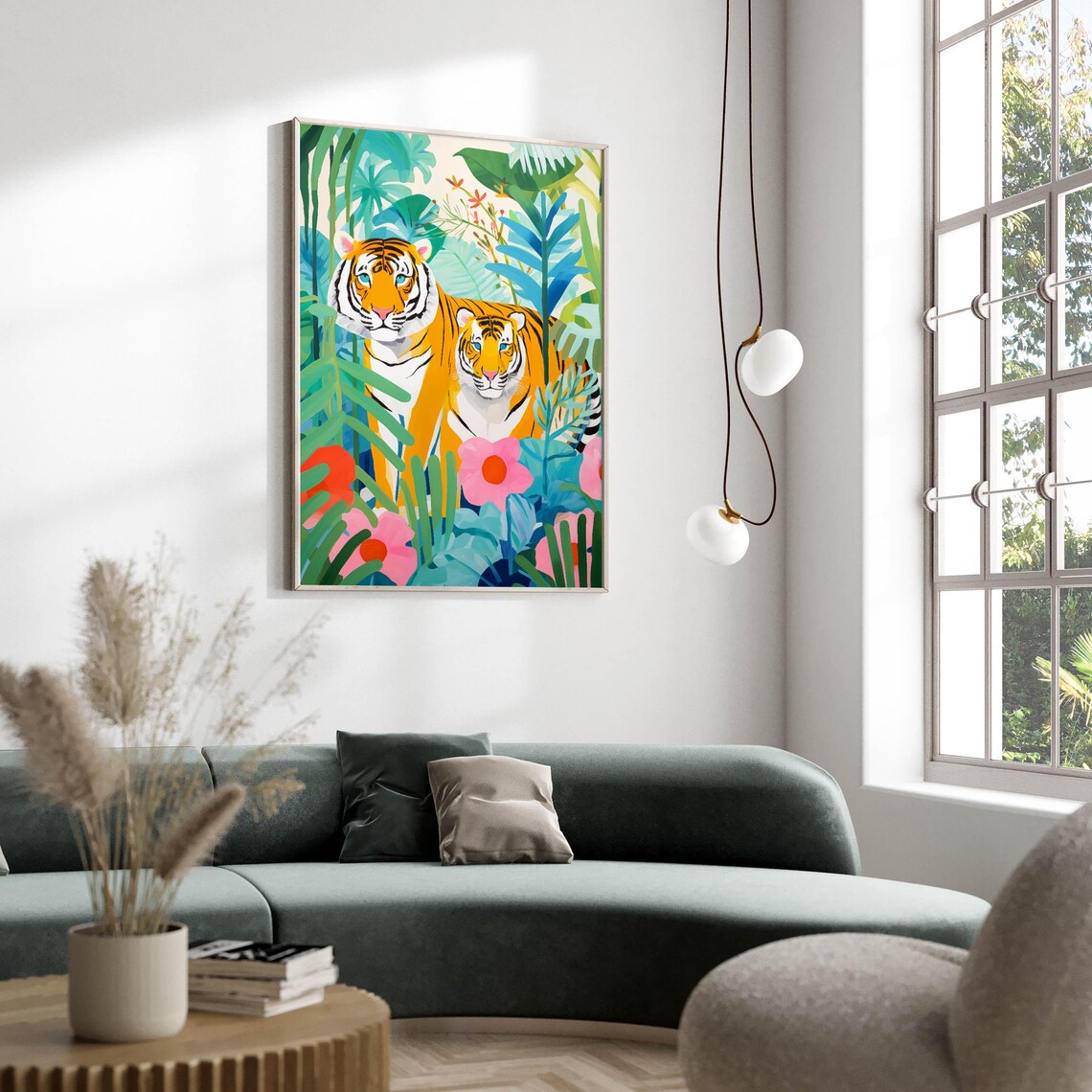 Two Tigers in Colorful Tropical Foliage Jungle Wildlife Art Poster - Image 2