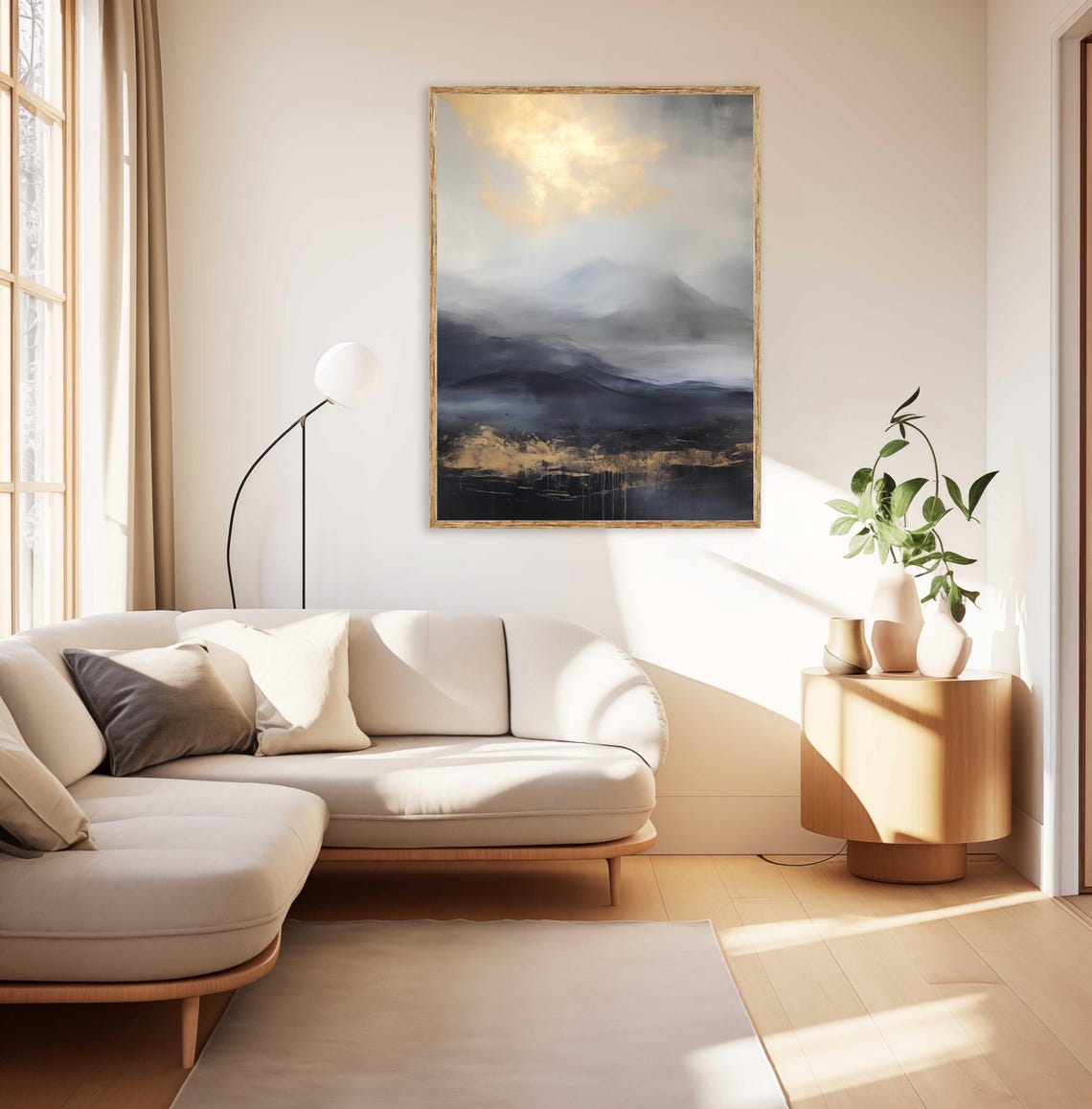 Misty Dark Blue Mountain Abstract Landscape with Gold Light Poster - Image 2