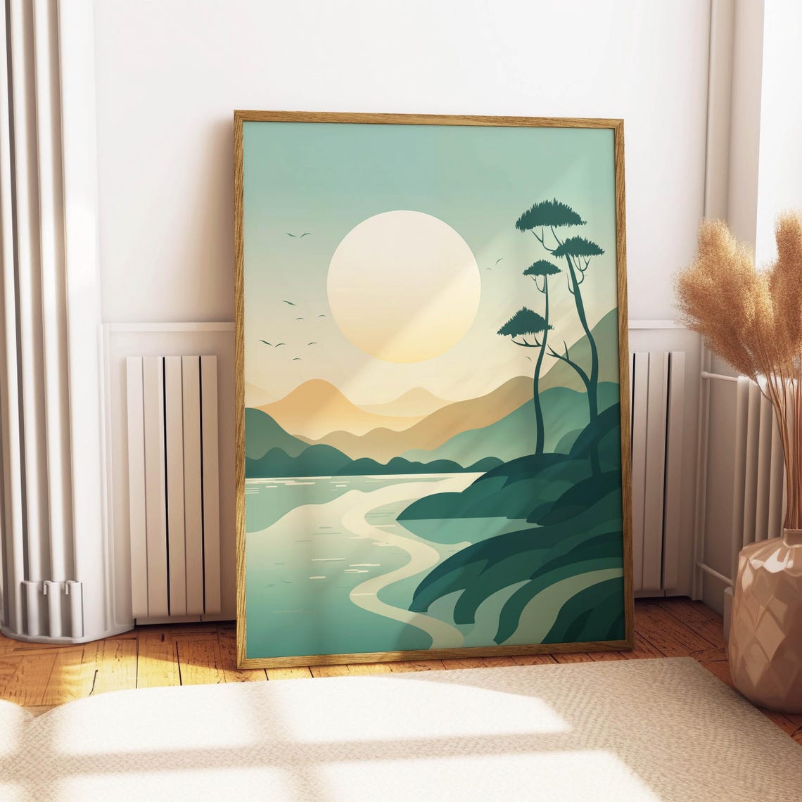 Minimalist Japanese Lake Sunset Mountains Trees Landscape Art Poster - Image 4