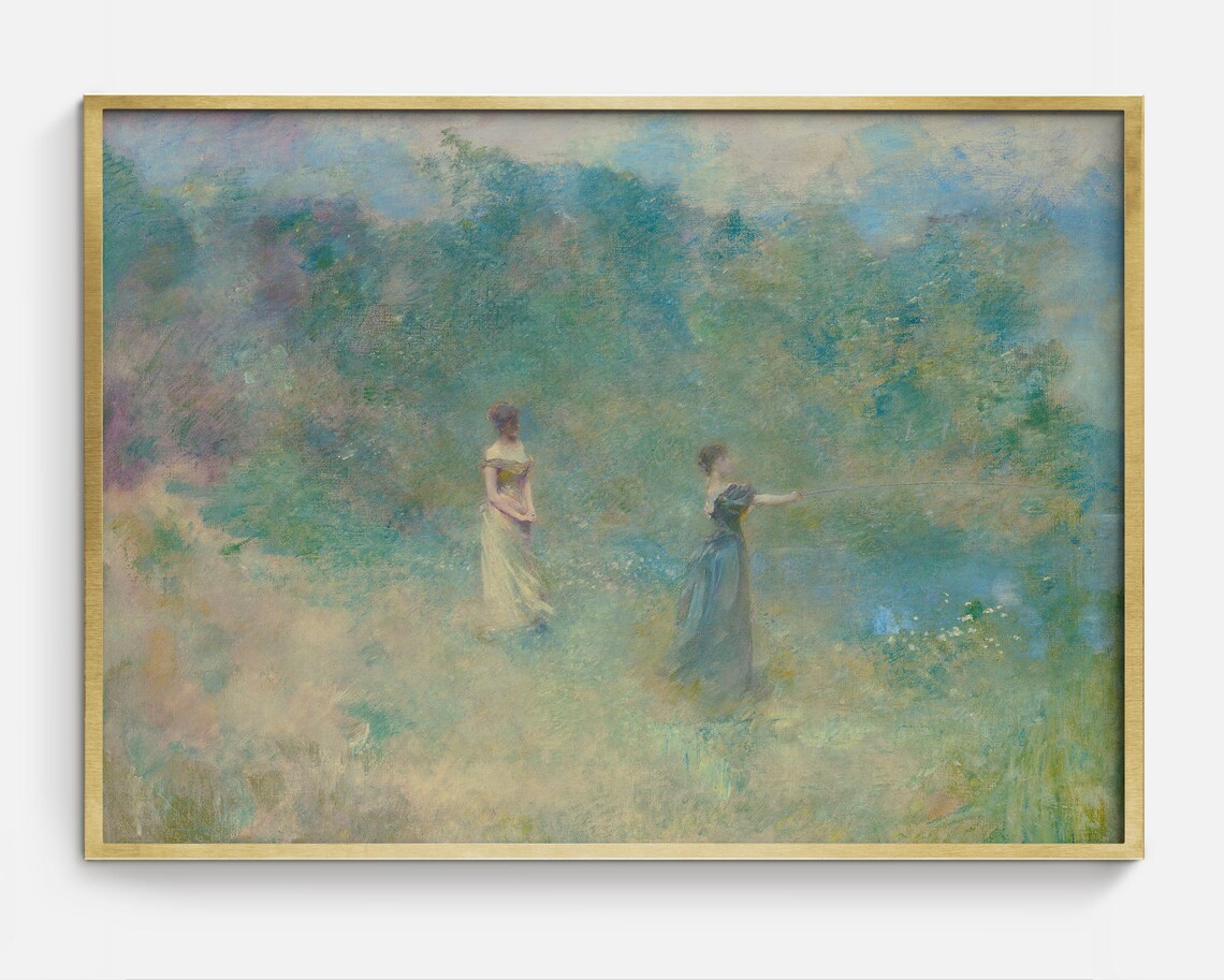 Women Fishing Dreamy Lake Impressionist Oil Painting Vintage Poster