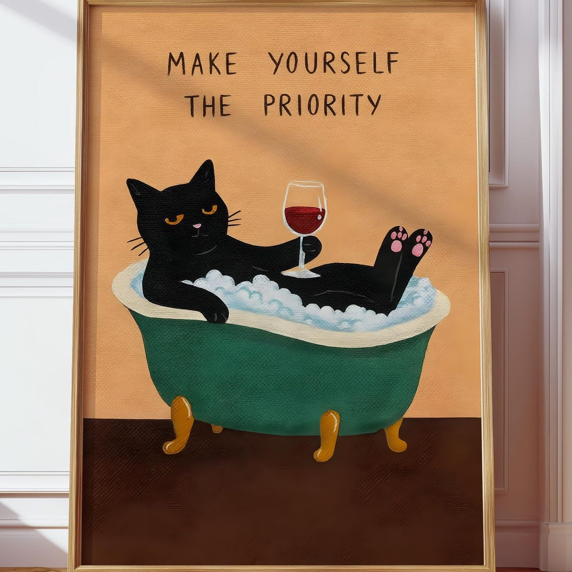 Self Care Bathroom Bombay Cat Wall Art Bathtub Quote Black Mindfulness Wine Print Love