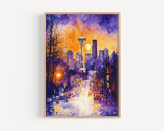 Seattle Sunset Watercolor Space Needle Skyline Cityscape Poster