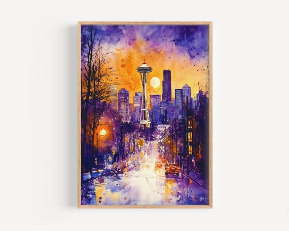 Seattle Watercolor Painting Wall Art Print America Poster Travel Decor Illustration Home Usa Artwork