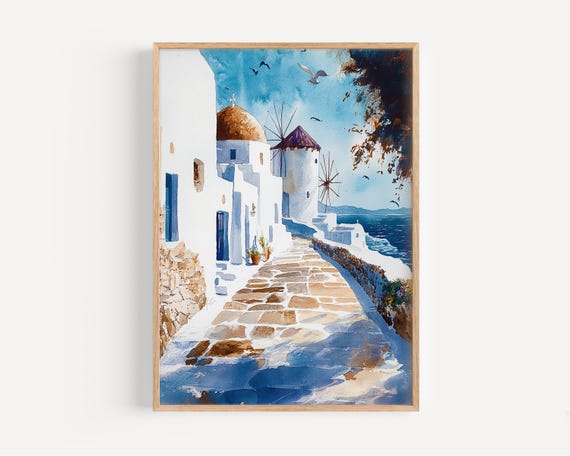 Mykonos Watercolor Painting Wall Art Print Poster Greece Travel Decor Illustration Home