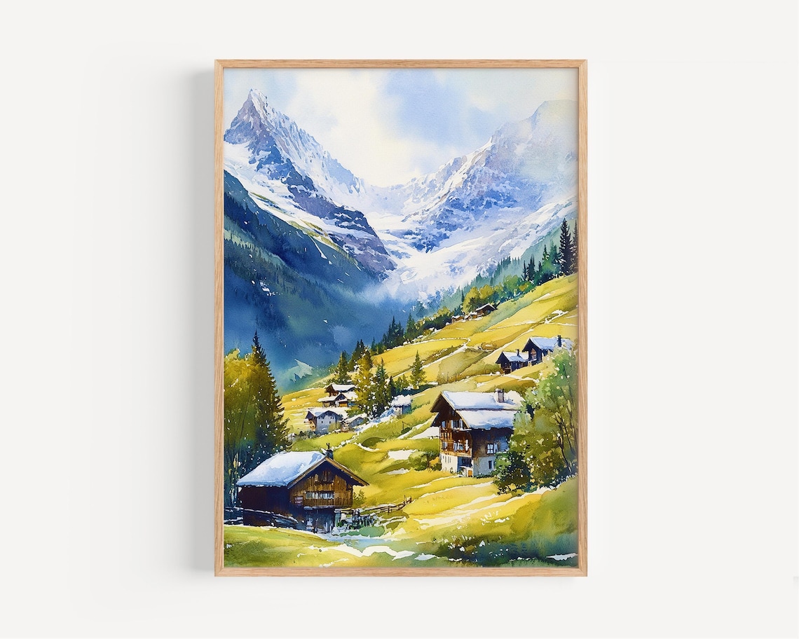 Grindelwald Watercolor Travel Poster, Switzerland Decor