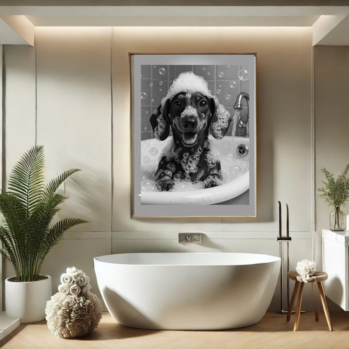 Dachshund Bubble Bath Black White Photo Poster Funny Dog Bathtub Art