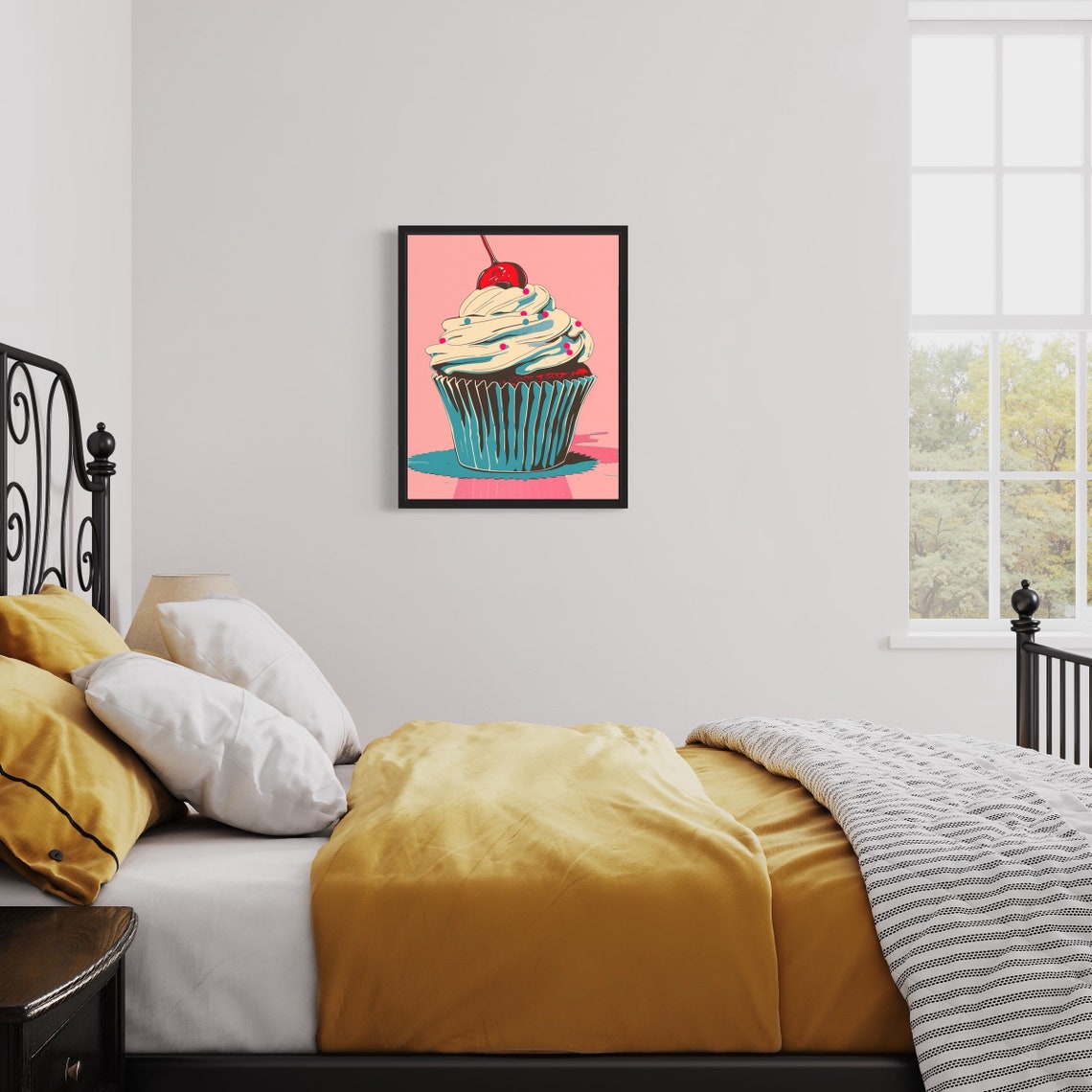 Pink Cherry Cupcake Pop Art Retro Dessert Illustration Wall Art - Image 2