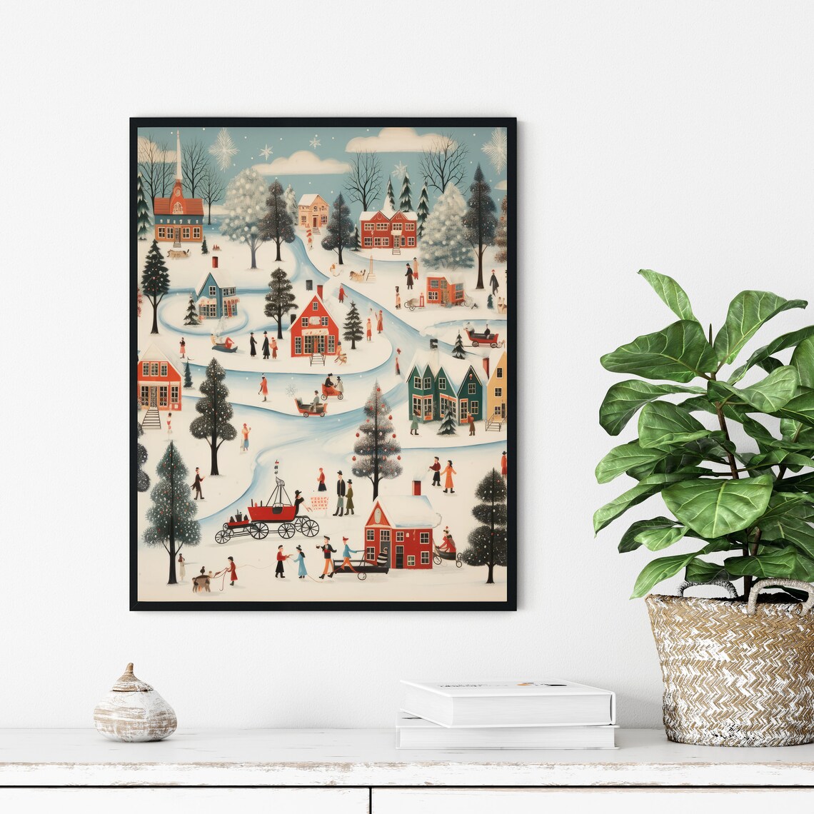 Vintage Snowy Village Sledding Folk Art Holiday Winter Scene Wall Art - Image 3