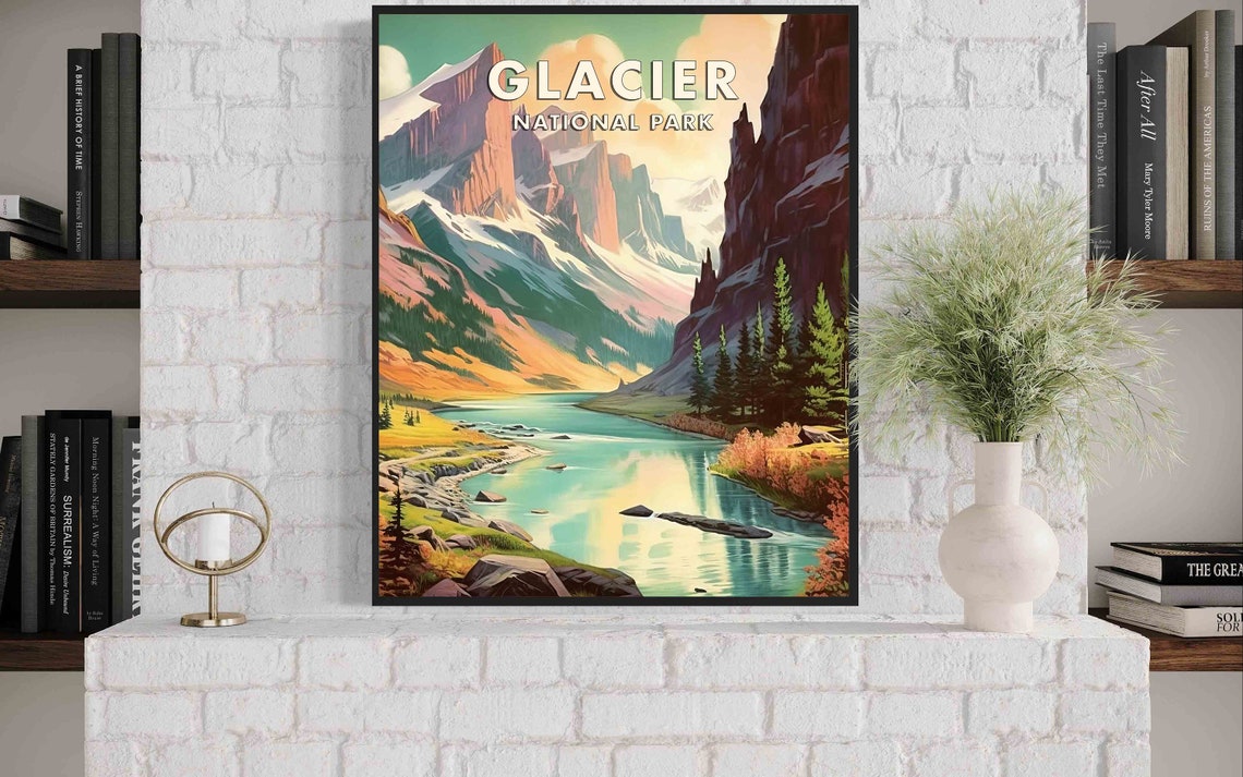 Glacier National Park Alpine Lake Valley Retro Travel Poster - Image 3