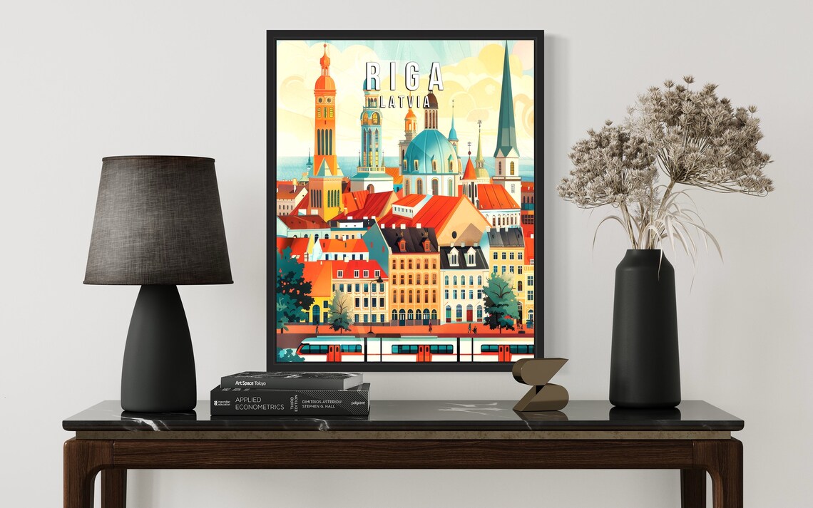Riga Latvia Old Town Church Spires Tram Vintage Retro Travel Poster - Image 2