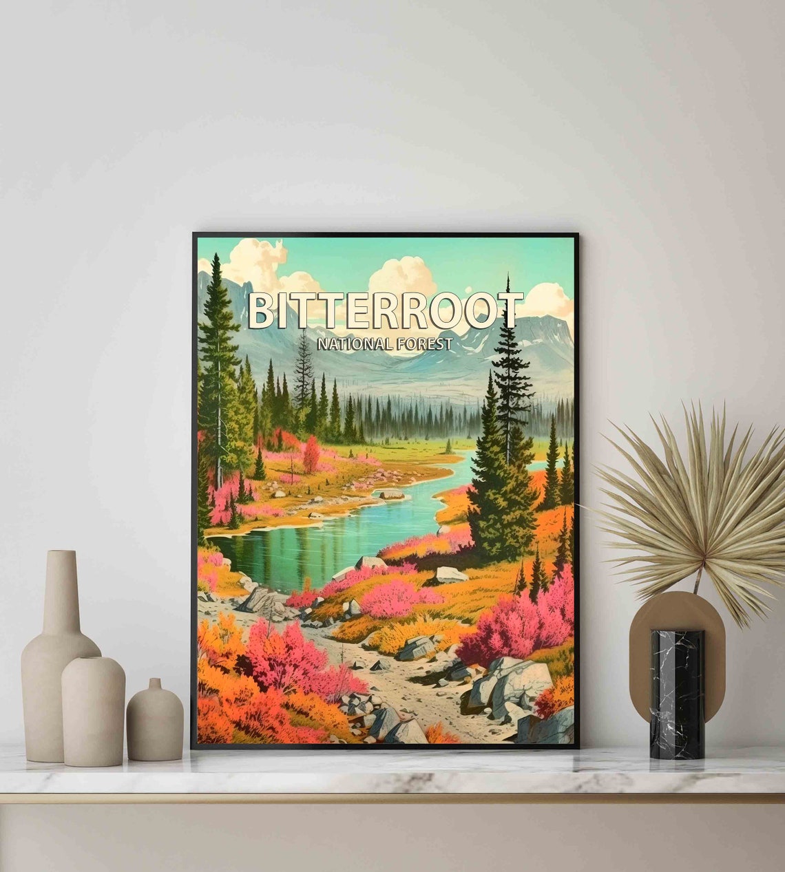 Bitterroot National Forest Retro Wilderness Lake Wildflowers Poster - Image 3