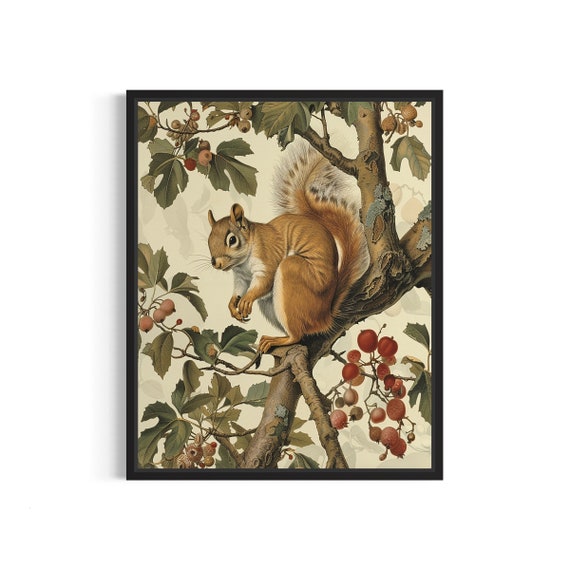 Vintage Squirrel Perched In Berry Tree Botanical Nature Art Poster