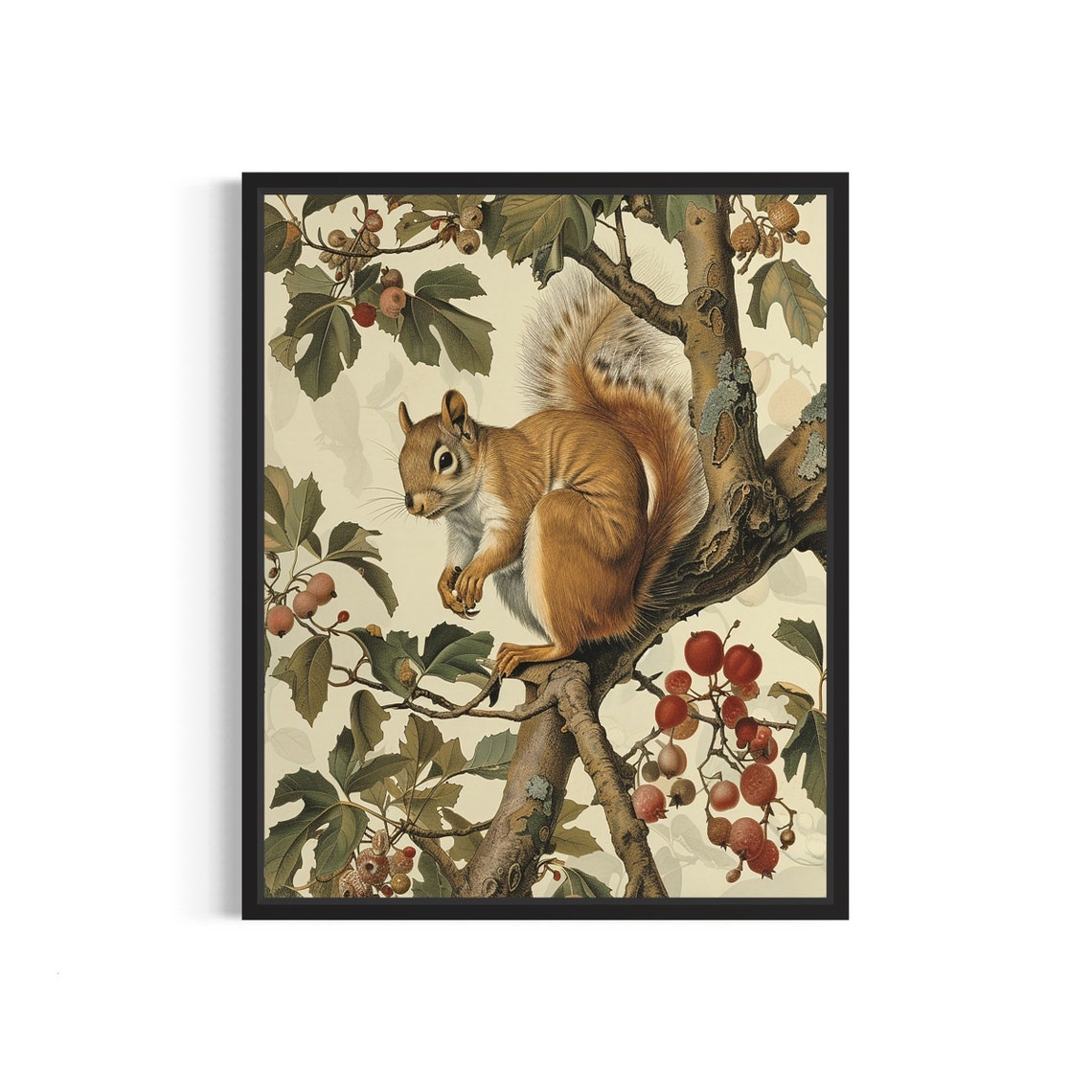 Vintage Squirrel Perched In Berry Tree Botanical Nature Art Poster