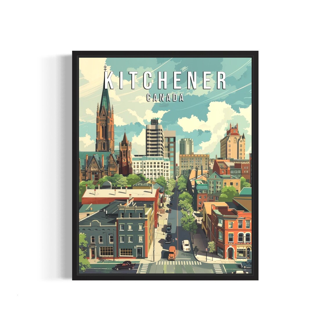 Kitchener Canada Downtown Skyline Mid Century Retro Travel Poster